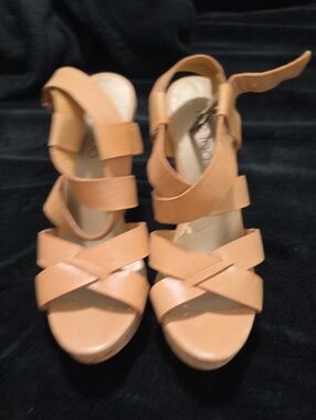 me too Tan Strappy Wedge Sandals